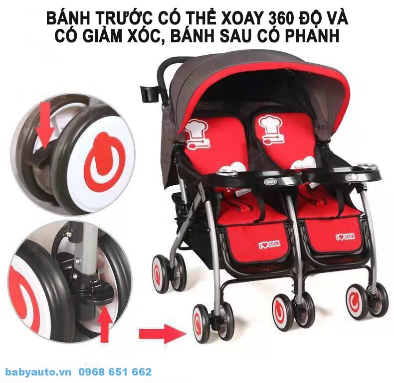 Bánh xe có giảm xóc, xoay 306 độ trên xe đẩy đôi cho bé Baobaohao 703